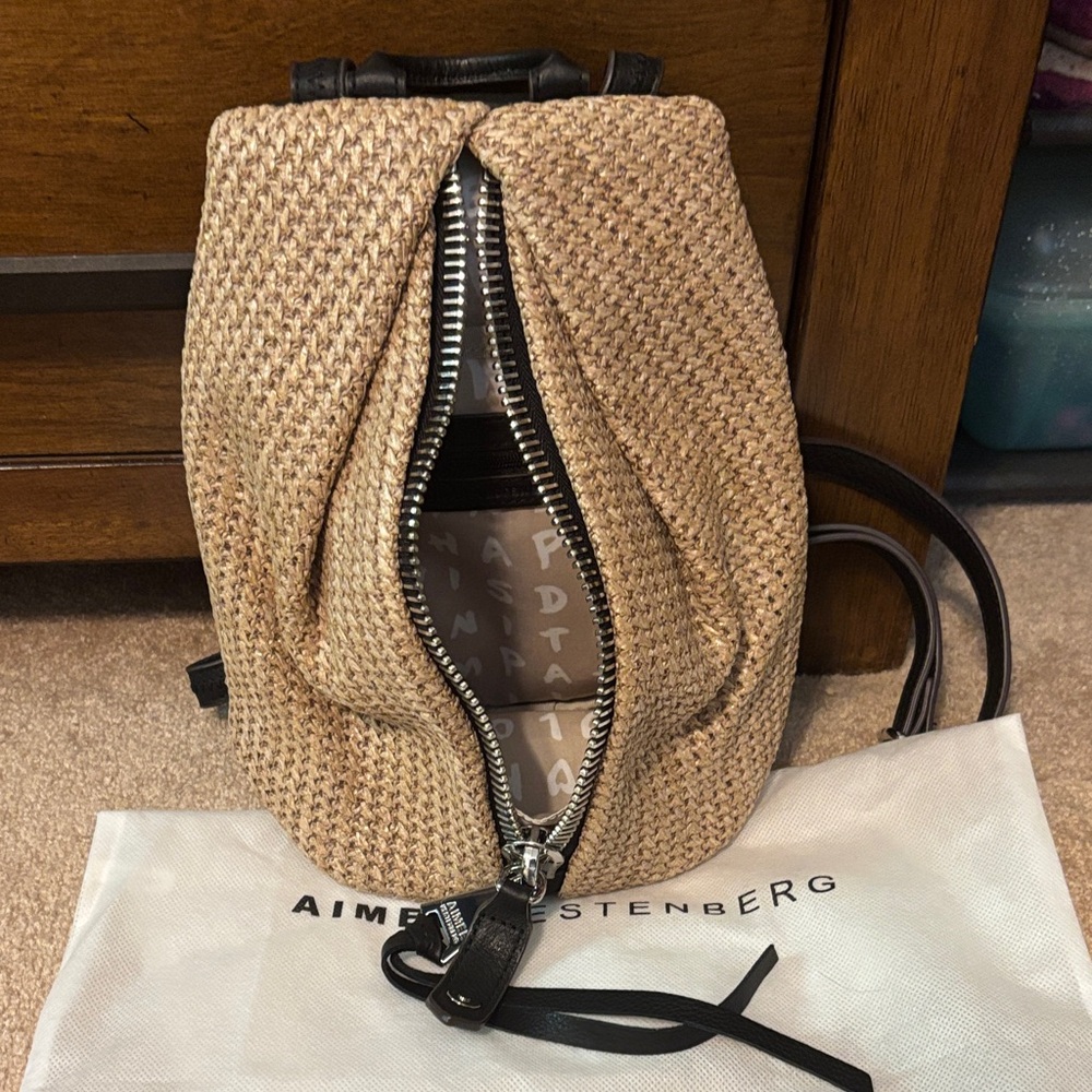 Aimee Kestenberg Natural Beige Woven Backpack with Black Trim